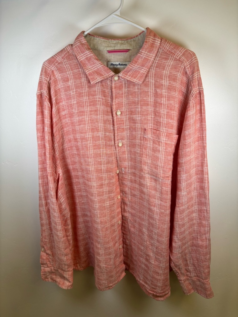 TOMMY BAHAMA 100% LINEN SHIRT MEN SIZE XXL / TTG BUTTON FRONT LONG SLEEV ORANGE